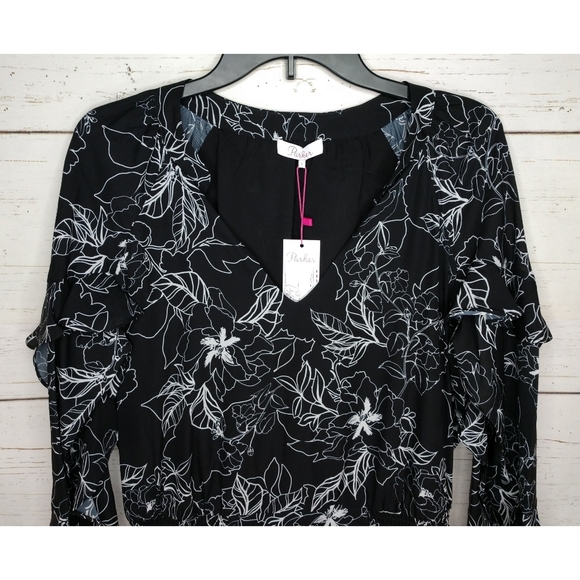 Parker Floral Print Ruffle Long Sleeves Smocked Waist Black Dress Women Large - Picture 2 of 11